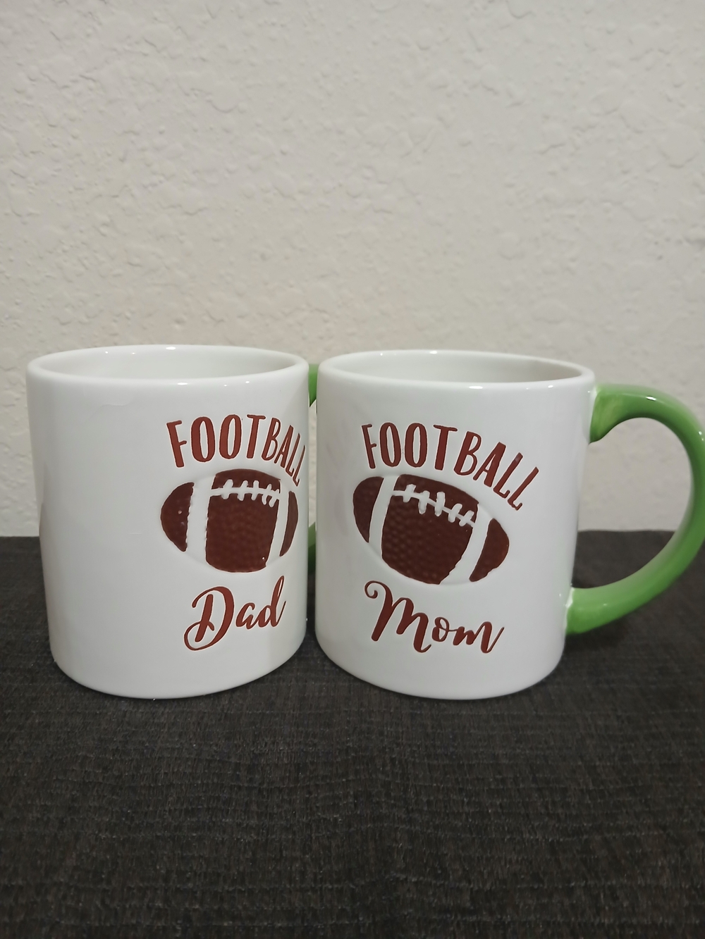 Football Dad & Football Mom Ceramic Coffee Mugs with Green Handle.